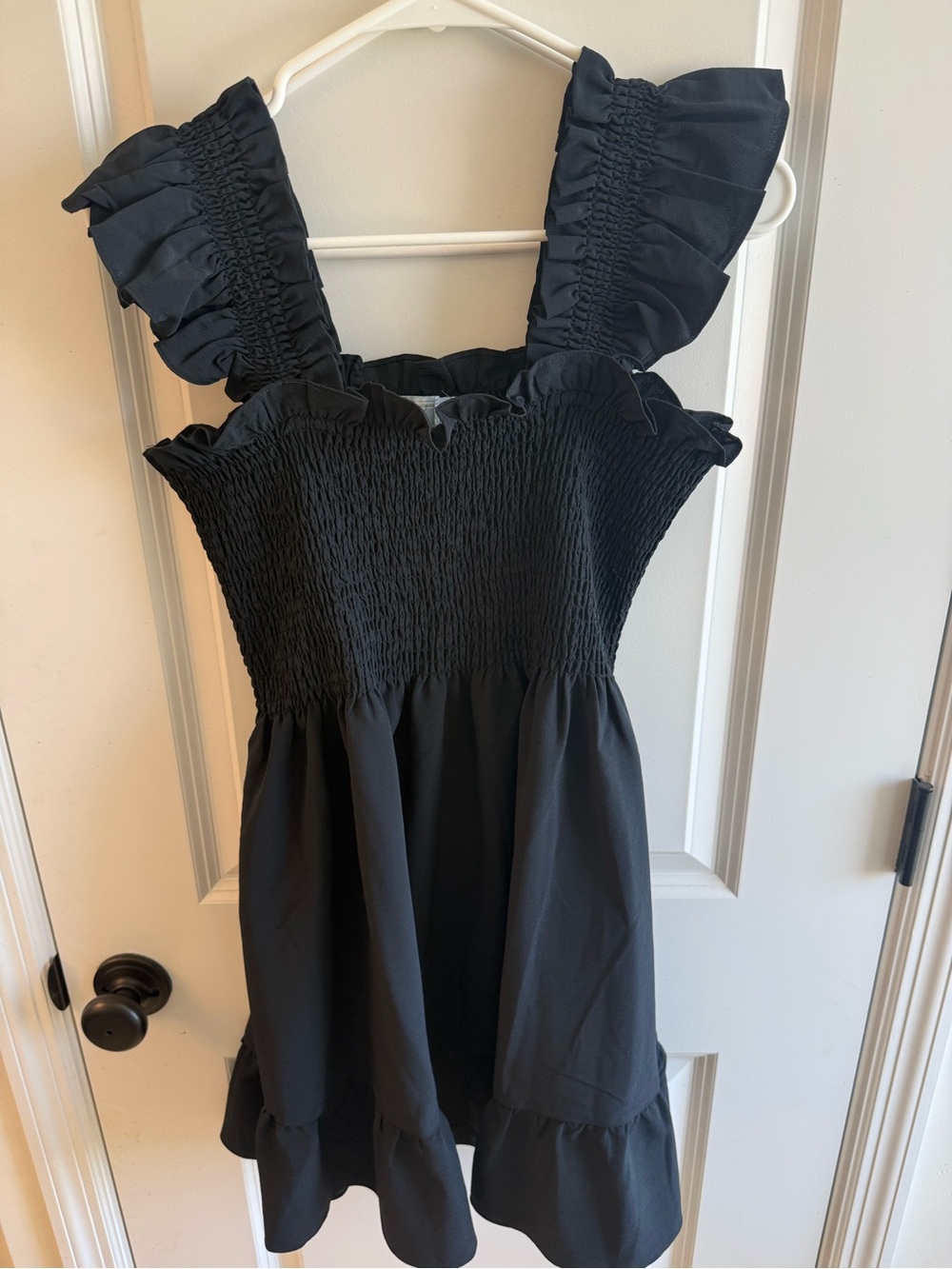 Hill House Black Smocked Mini Dress with Ruffle Straps